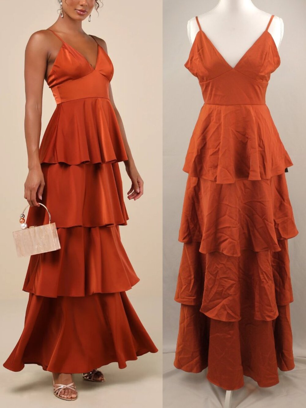 Lulu's Going with Elegance Satin Tiered V-neck Maxi Gown, Burnt Orange, Small